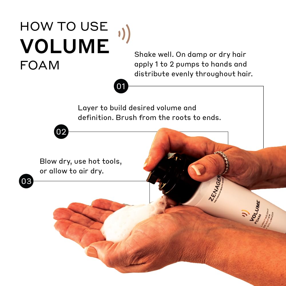 Zenagen foam being worked into damp hair to show root lift and even distribution