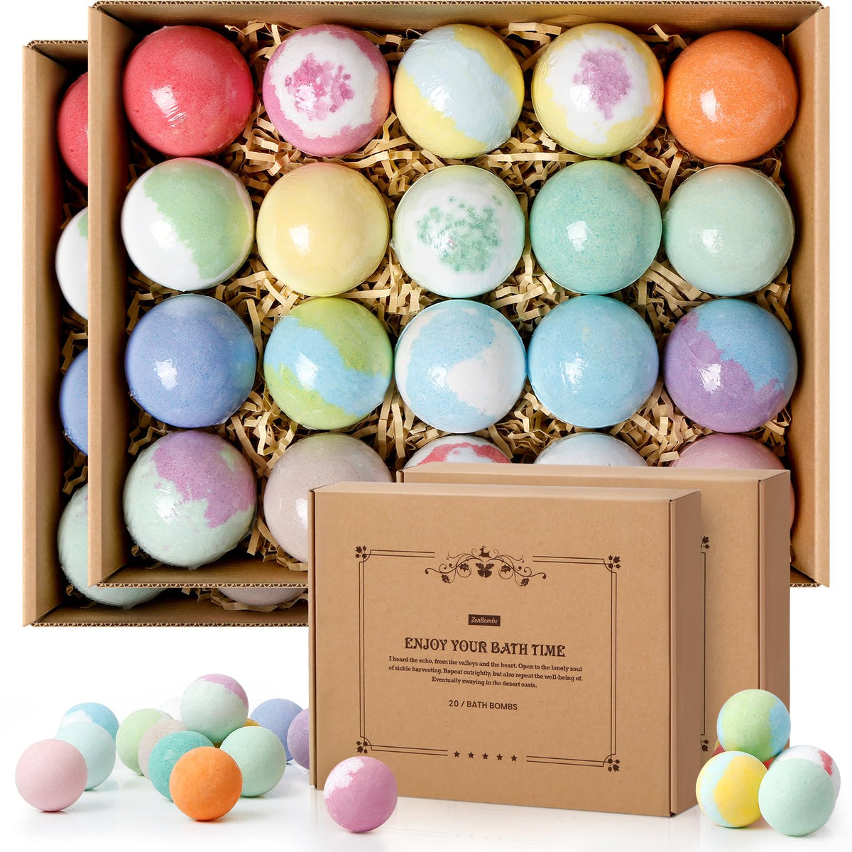 ZenBombs front packaging showing 40 colorful bath bombs and gift box benefits moisturizing