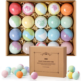 ZenBombs front packaging showing 20 colorful bath bombs and gift-ready box for convenience