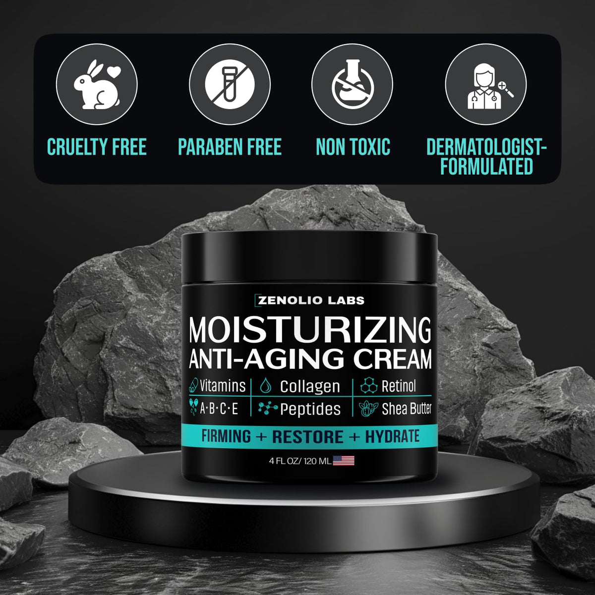Zenolio Labs on bathroom shelf among grooming items showing daily routine fit