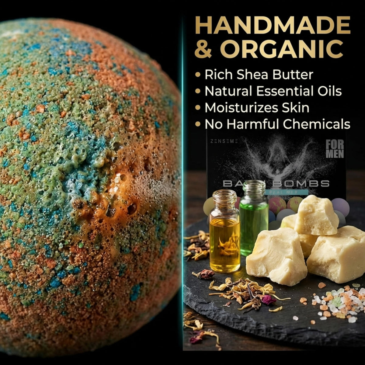 ZenseMe bath bomb dissolving in tub demonstrating long fizz and relaxing scent