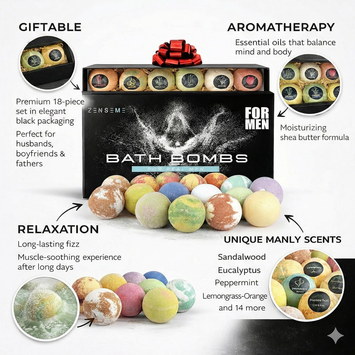 ZenseMe bath bombs array top view showing variety and strong aromatherapy options