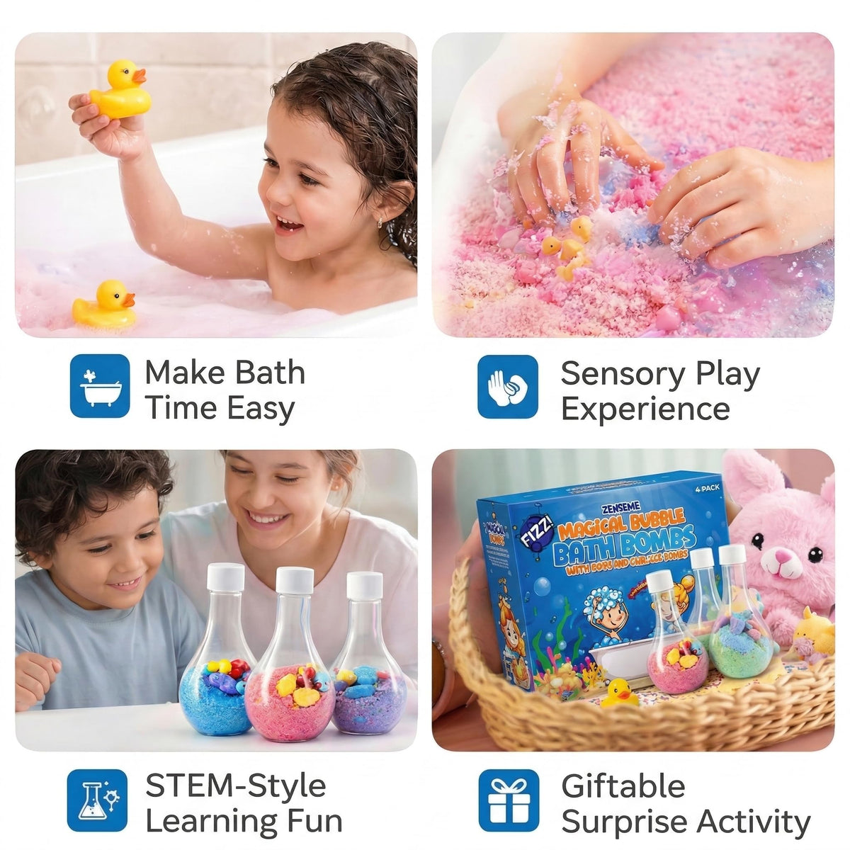 ZenseMe bath bombs dissolving in tub with vibrant foam and safe colourful bubbles for sensory play