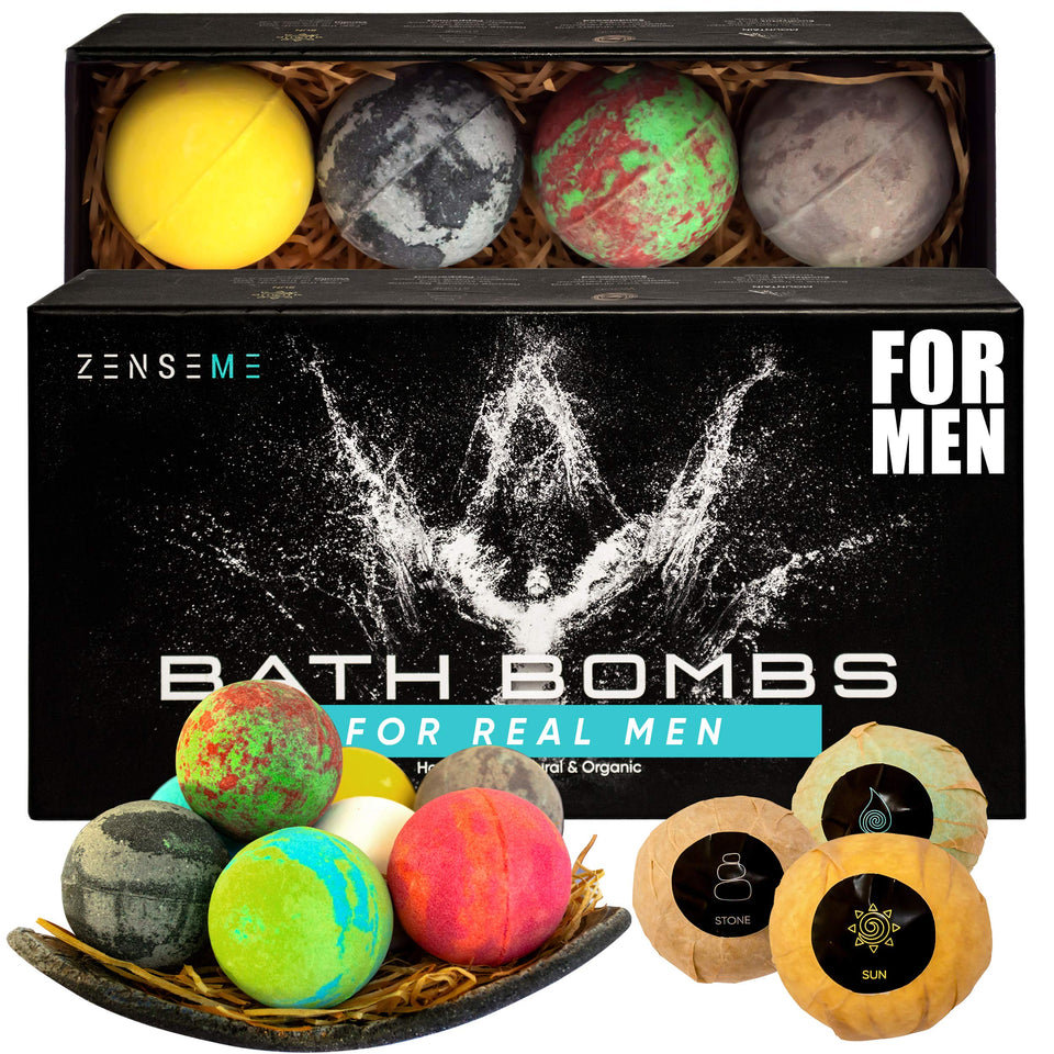 ZenseMe front packaging showing eight bath bombs and gift box benefit presentable gift