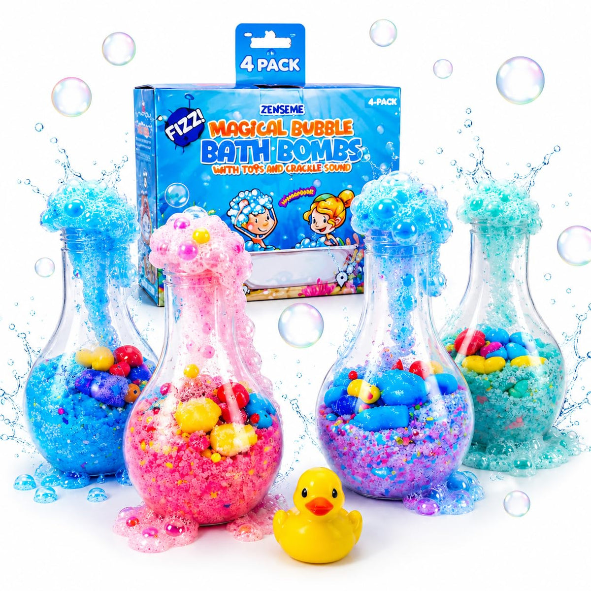 ZenseMe front packaging showing four colourful bath bomb flasks and gift-ready box, playful appeal