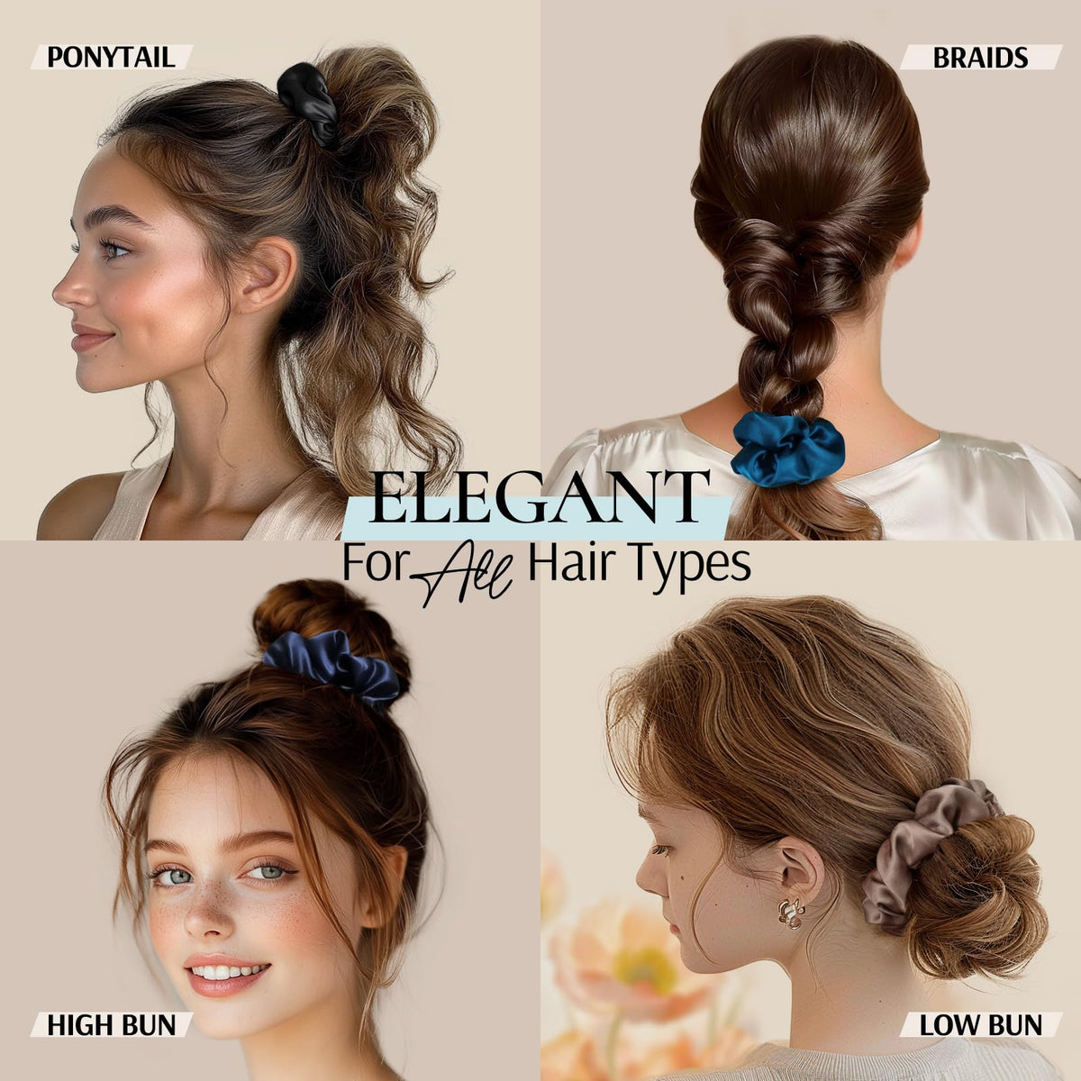 Zenssia scrunchie securing a ponytail on black hair, gentle hold and no creases.