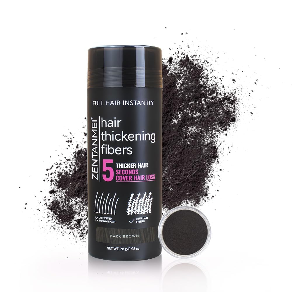 ZENTANMEI bottle front view showing dark brown fibers and easy dispensing benefit