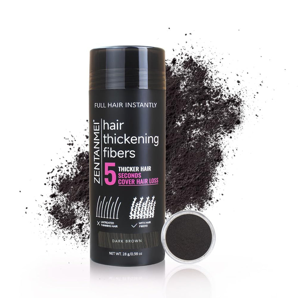 ZENTANMEI bottle front view showing dark brown fibers and easy dispensing benefit