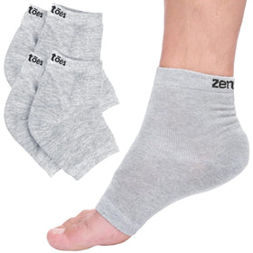 ZenToes front view showing cotton gray socks and packaging, highlights comfort