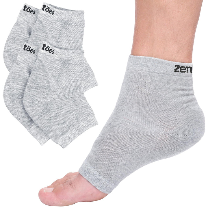 ZenToes front view showing cotton gray socks and packaging, highlights comfort