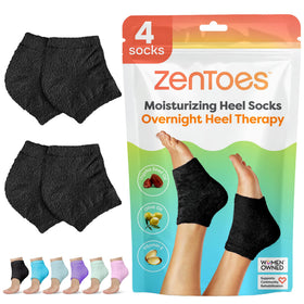 ZenToes front view of fuzzy black moisturizing heel socks, shows cozy gift-ready look