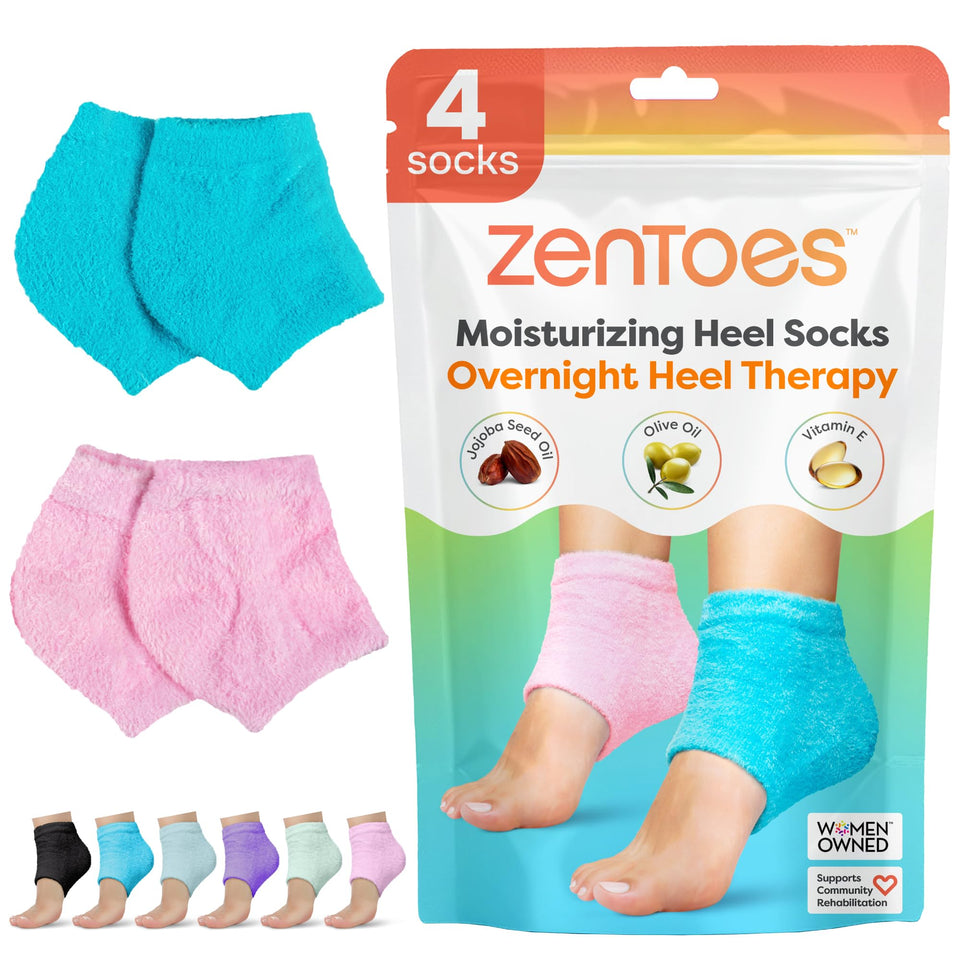 ZenToes front packaging in blue showing cozy socks and benefits