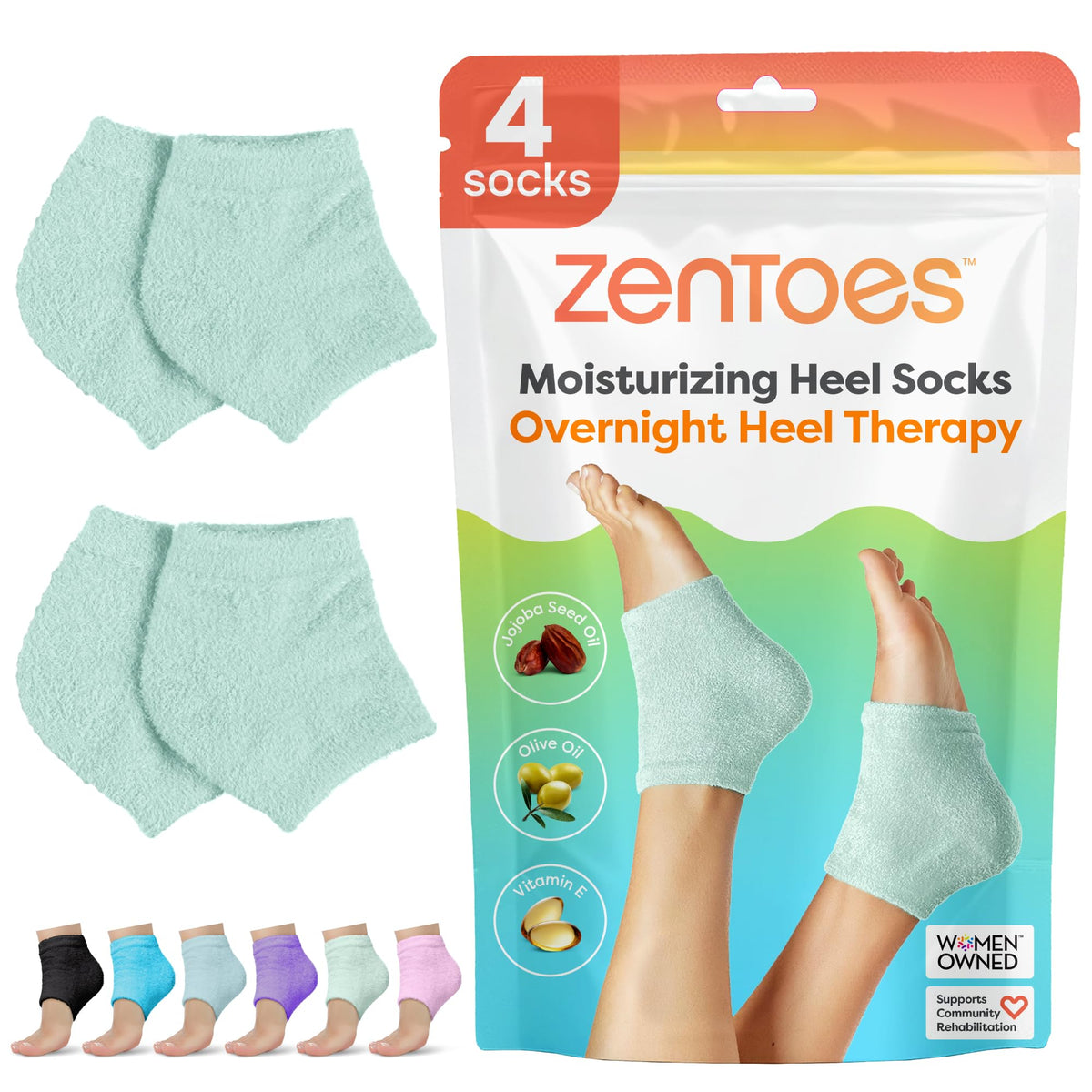 ZenToes front packaging showing two mint green pairs and benefits