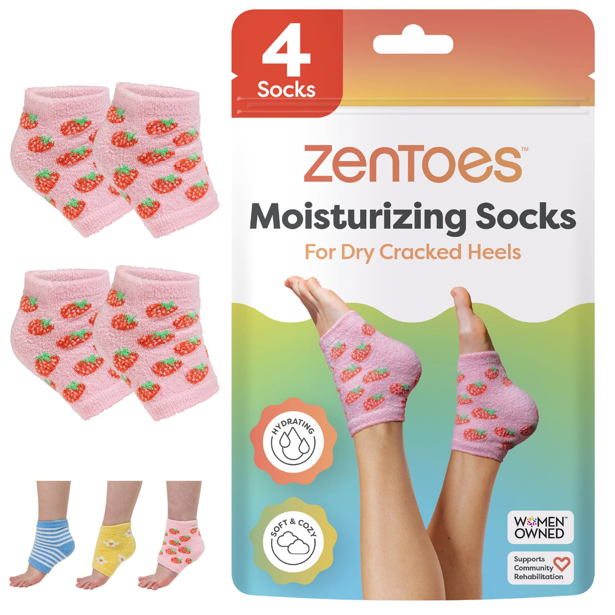 ZenToes front packaging in pink strawberries showing product and benefits