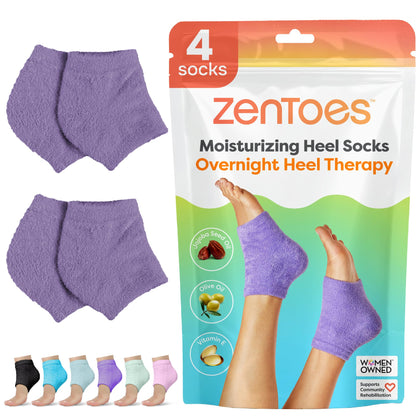 ZenToes front view of lilac moisturizing heel socks showing product packaging and color benefit
