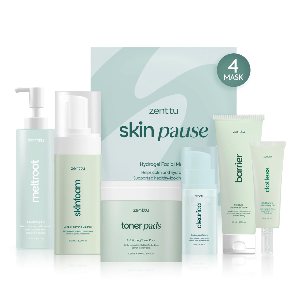 Zenttu front packaging showing full 6-step kit and masks, clear routine organization benefit