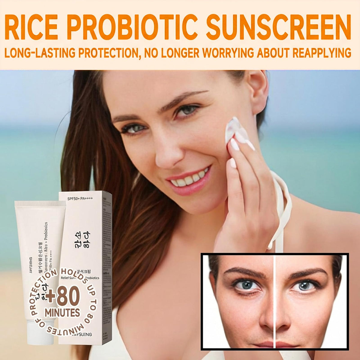 zeonmiehu applied on face at beach illustrating water-resistant use