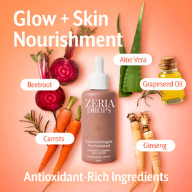 Zeria close-up of ingredient label showing beta-carotene and clean ingredients