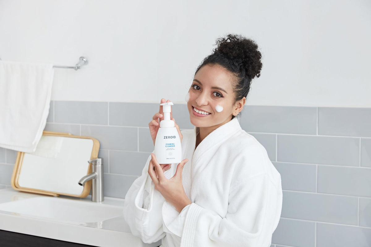 ZEROID in bathroom lifestyle styling showing everyday gentle skincare use