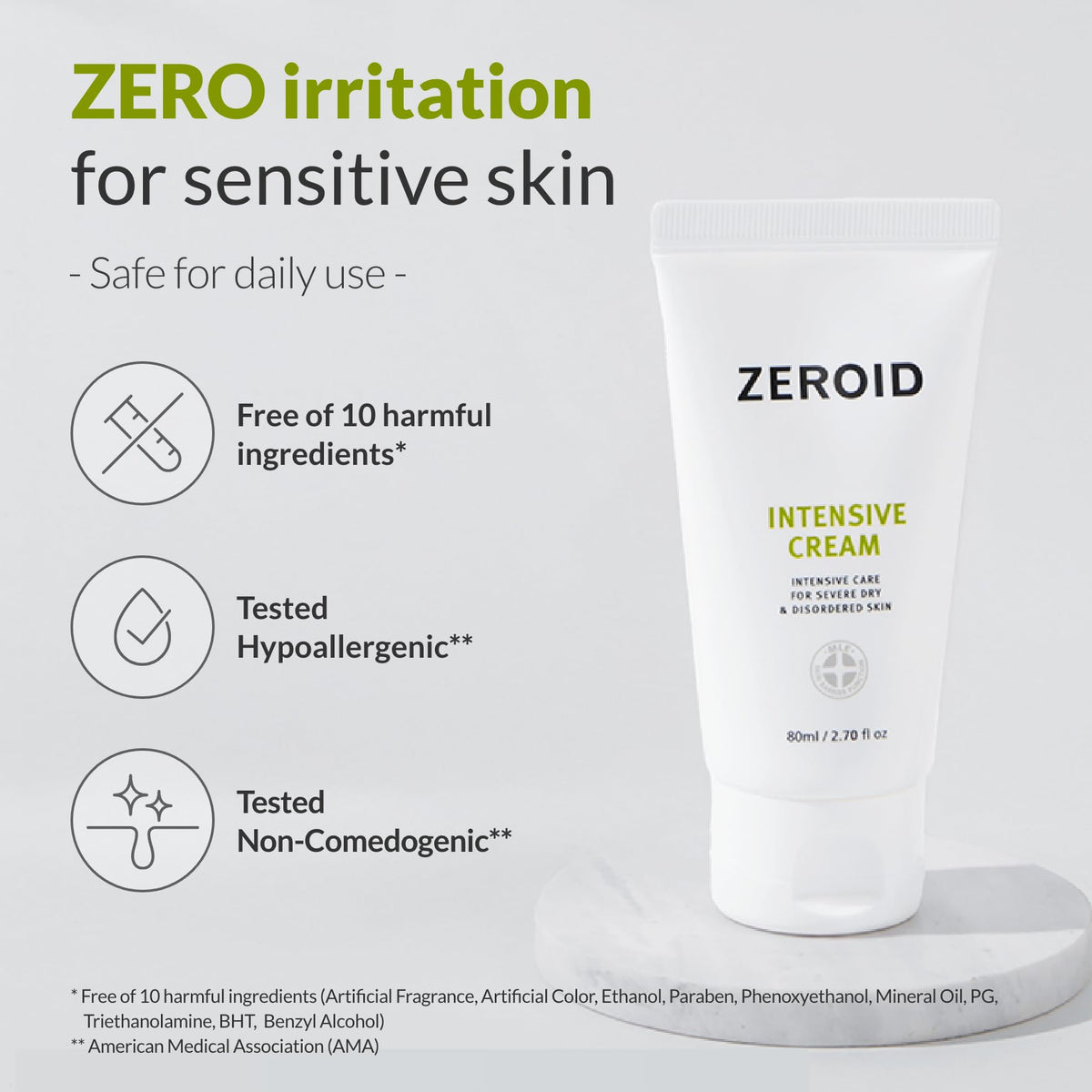 Label close-up on ZEROID packaging displaying MLE and dermatologist-tested claims