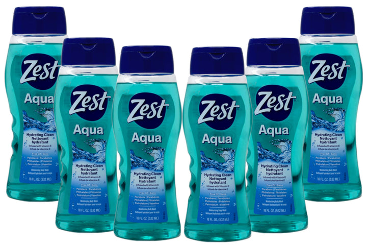 Zest front packaging showing Aqua scent and moisturizing benefits