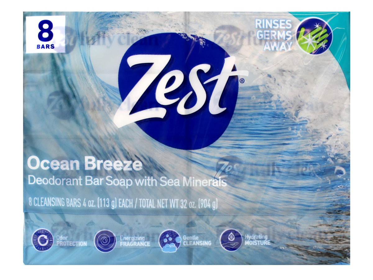 Zest front packaging showing eight Ocean Breeze bars and benefit of bulk value