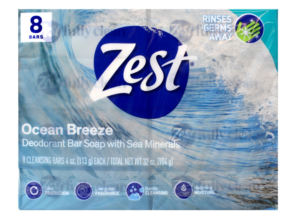 Zest front packaging showing eight Ocean Breeze bars and benefit of bulk value