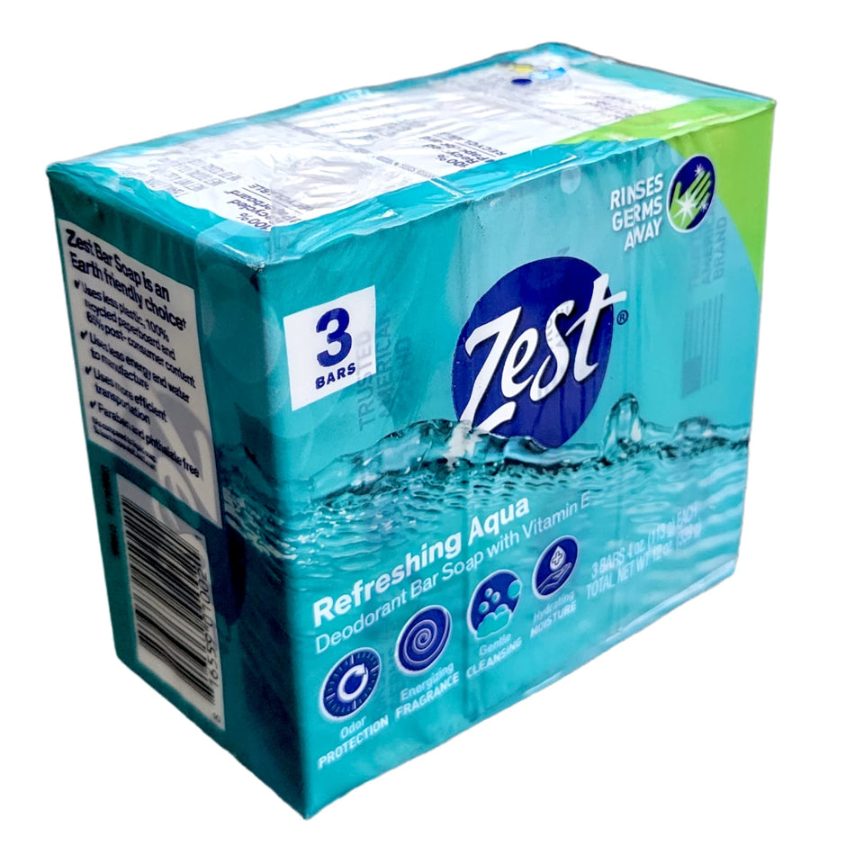 Zest Refreshing Aqua front packaging showing three 4 oz bars for lasting freshness