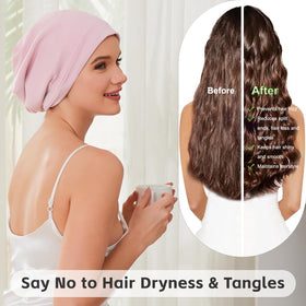 ZHENSILK bonnet on model sleeping protecting curls and minimizing frizz