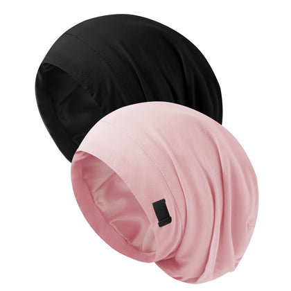 ZHENSILK front view of black and pink sleep bonnets showing colors and fit benefits