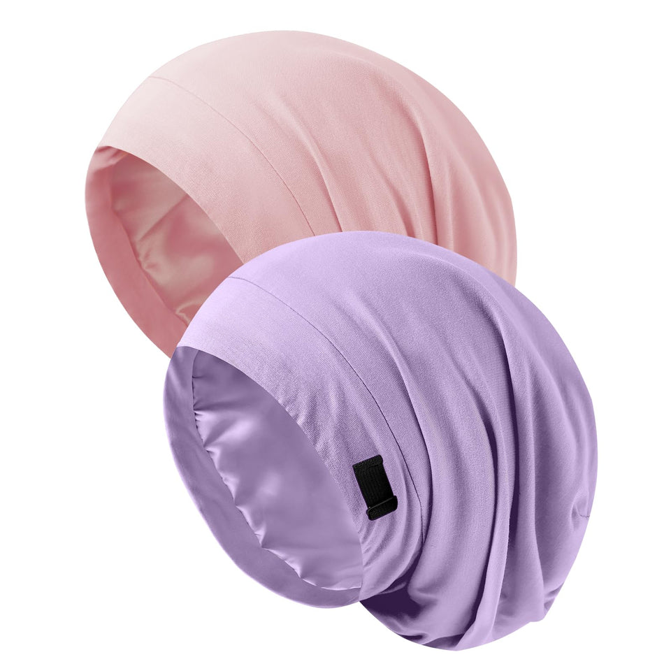 ZHENSILK front view of pink and purple bonnets shows stylish two-pack convenience