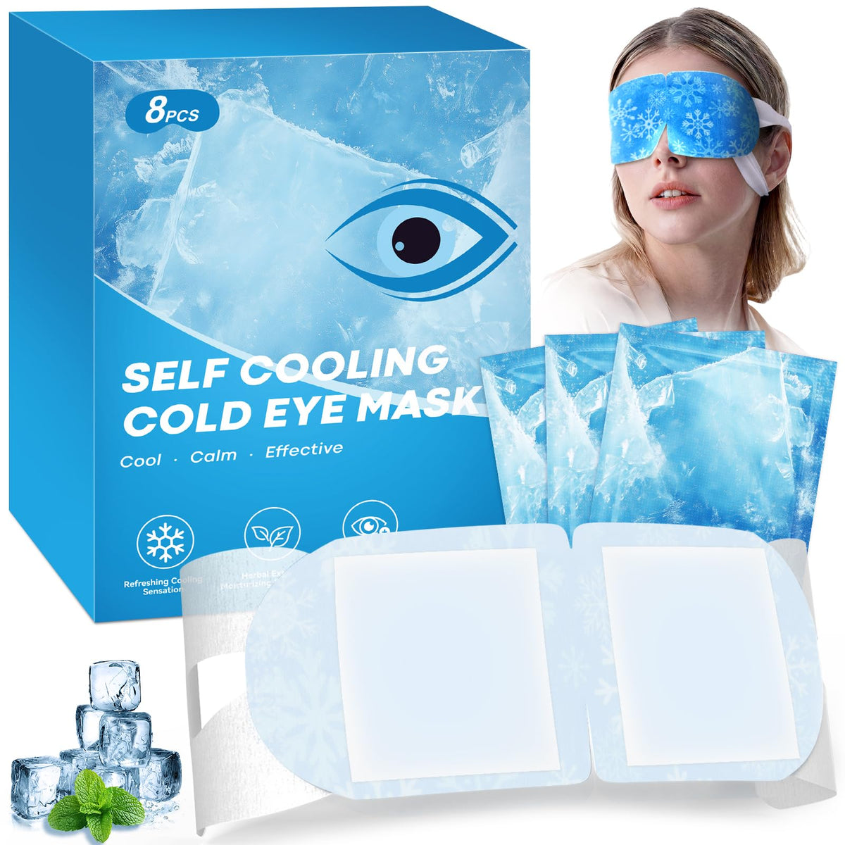 ZHENYEMEI front packaging showing 8 individually wrapped cooling masks and benefits
