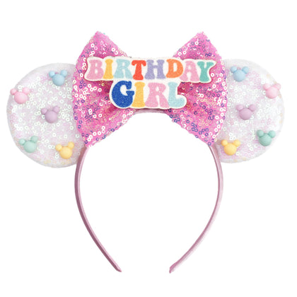 zhezesmila front view sequin ears showing sparkle and birthday badge for celebrations