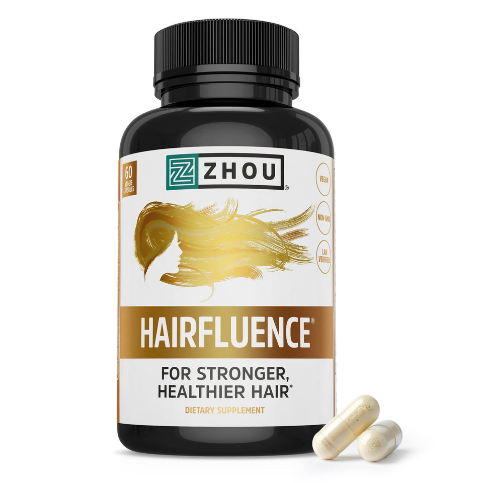 ZHOU bottle front view showing Hairfluence branding and capsule count benefits
