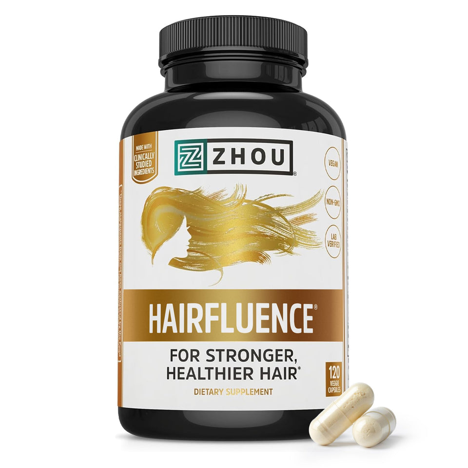 ZHOU Hairfluence front bottle showing brand and capsule count, supports daily use