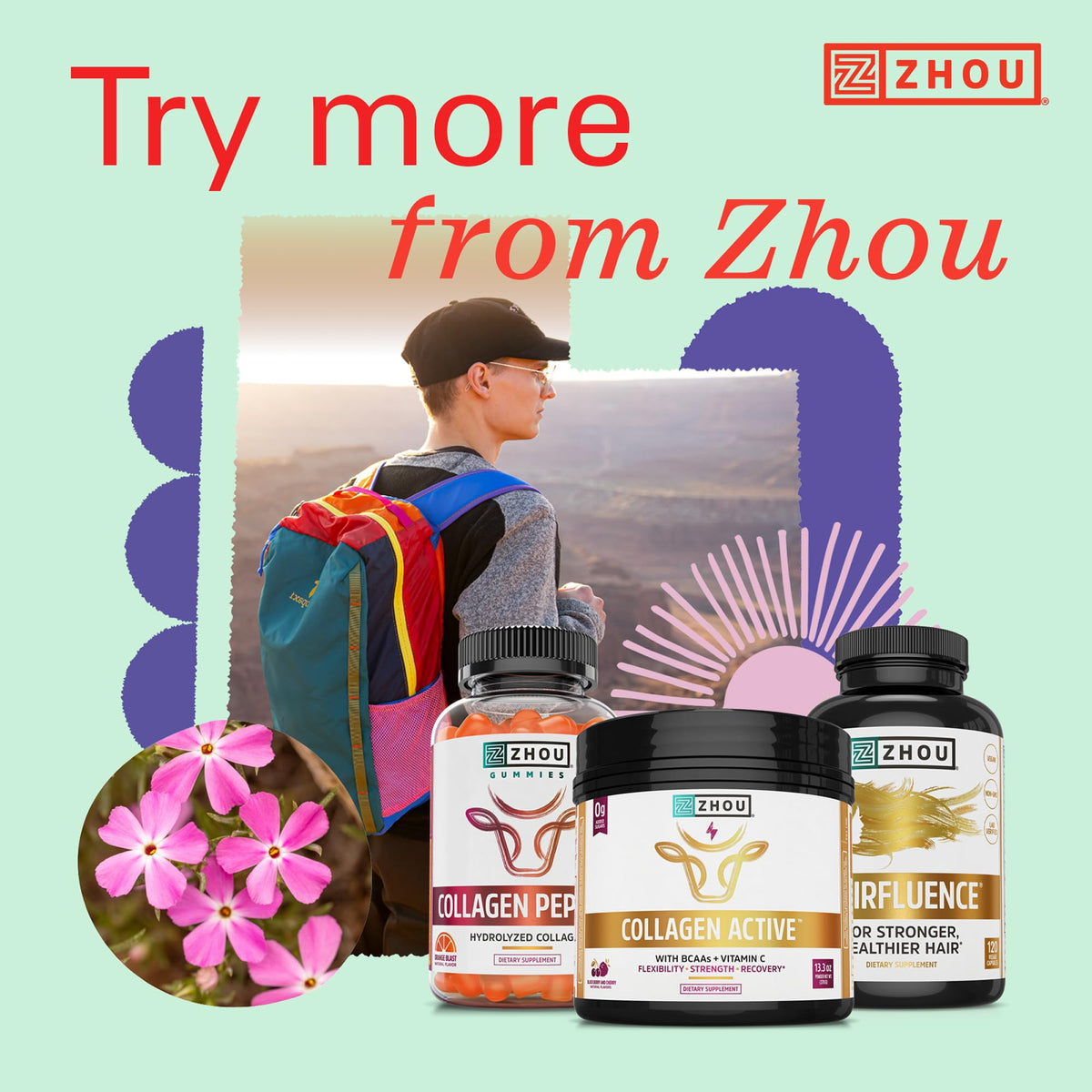 ZHOU Hairfluence ingredient list flatlay showcasing biotin and Lustriva blend benefits