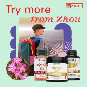 ZHOU Hairfluence ingredient list flatlay showcasing biotin and Lustriva blend benefits