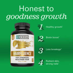 ZHOU Hairfluence label detail emphasizing ingredients and B-vitamin complex benefits