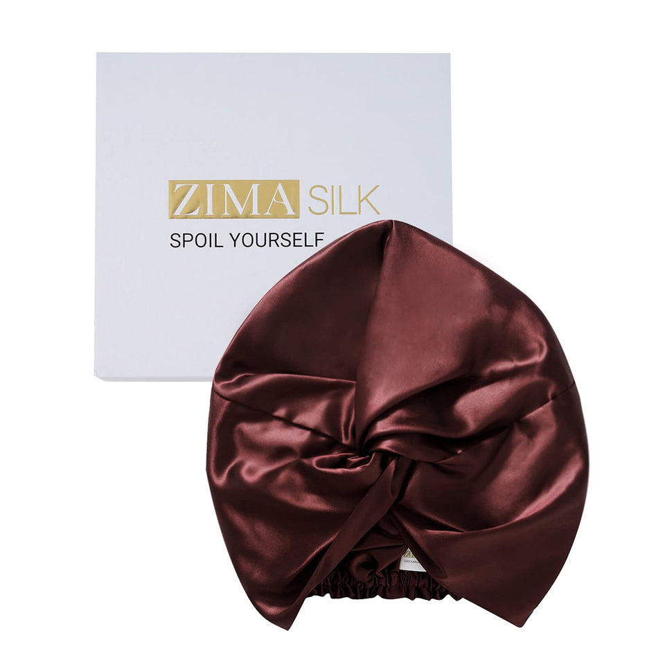 ZIMASILK bonnet front packaging shows burgundy silk and premium appeal