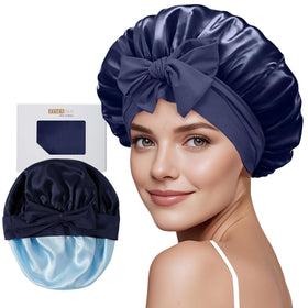 ZIMASILK bonnet front view showing navy color and smooth finish for gentle hair protection
