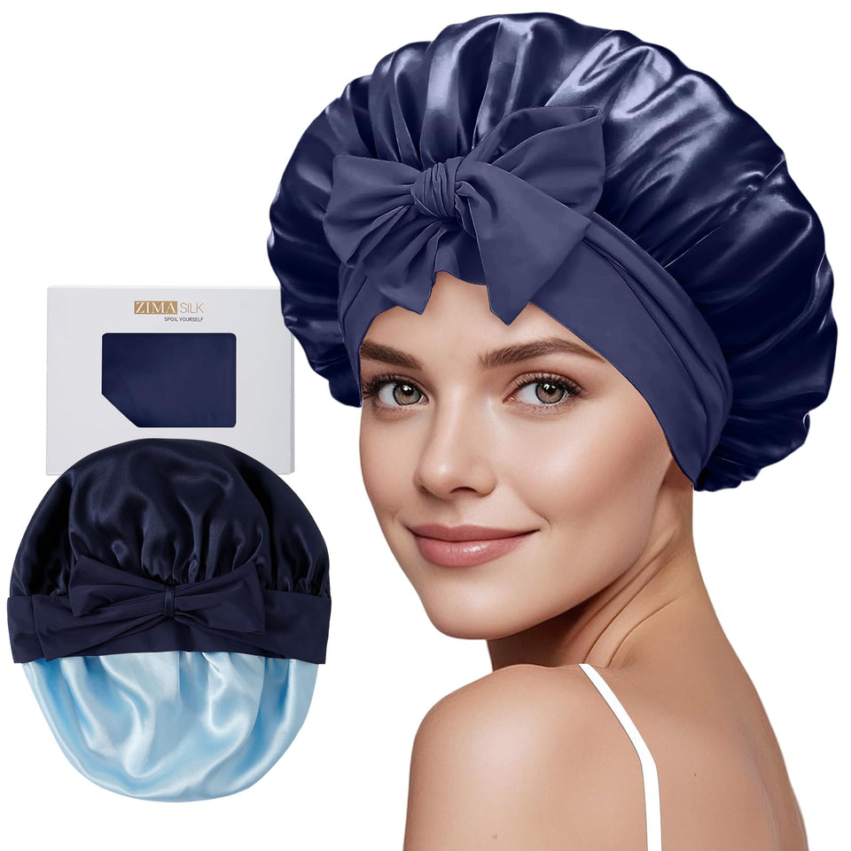 ZIMASILK bonnet front view showing navy color and smooth finish for gentle hair protection