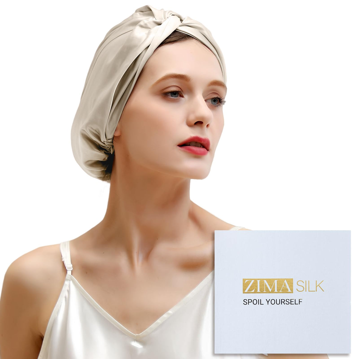 ZIMASILK cream bonnet front view showing smooth silk and elegant finish for protection