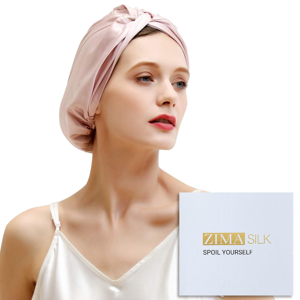 ZIMASILK front packaging showing pink silk bonnet and neat presentation benefit sleep protection