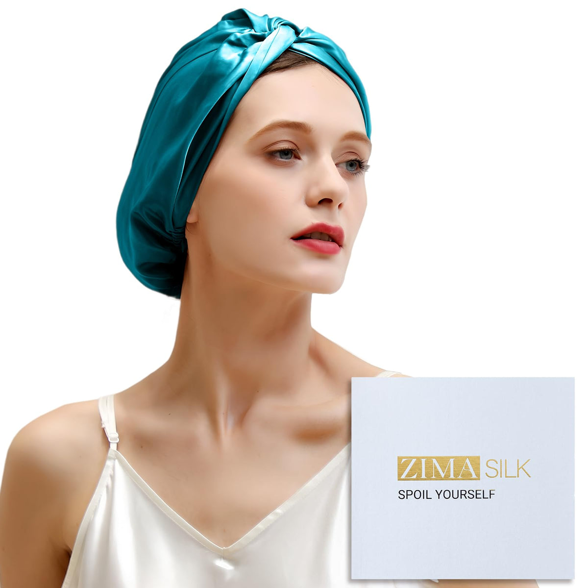 ZIMASILK bonnet front packaging showing turquoise color and luxury appeal