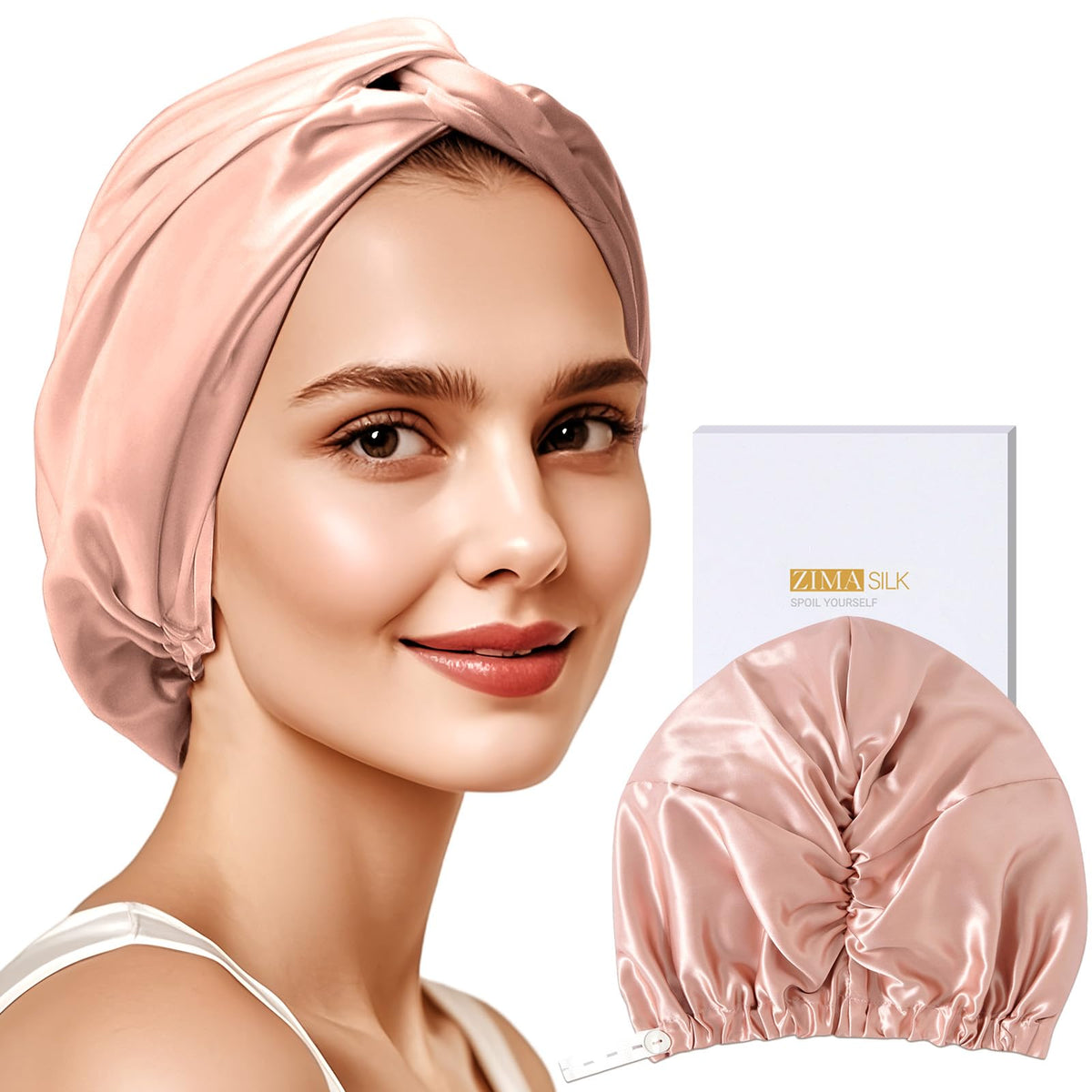 ZIMASILK front view of blush pink silk bonnet showing smooth finish and coverage