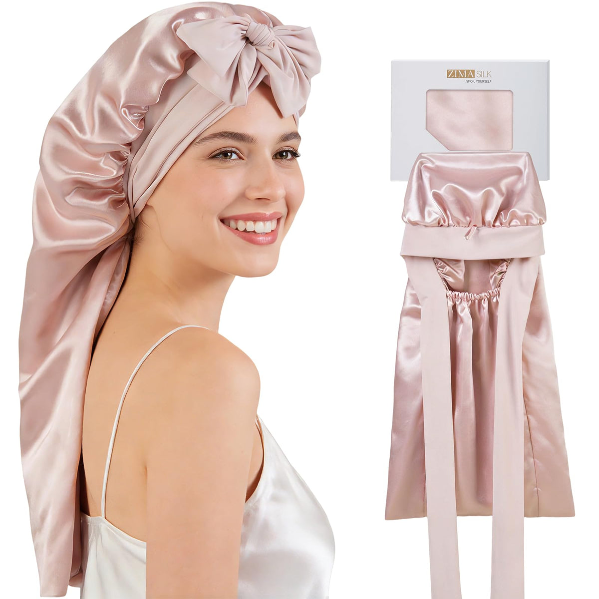 ZIMASILK pink bonnet front view showing full coverage and smooth silk benefit