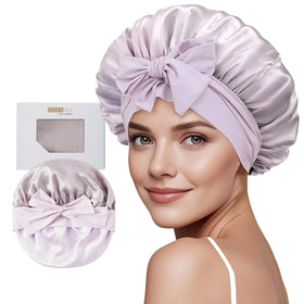 ZIMASILK purple bonnet front view showing smooth silk finish and secure fit benefit