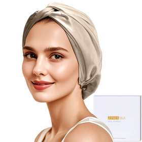 ZIMASILK front view taupe bonnet showing smooth fit and protective coverage
