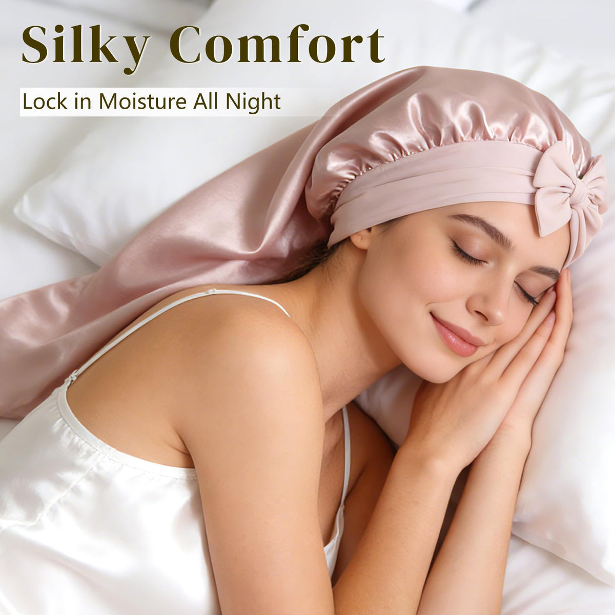 ZIMASILK model wearing bonnet in bedroom for protected sleep styling