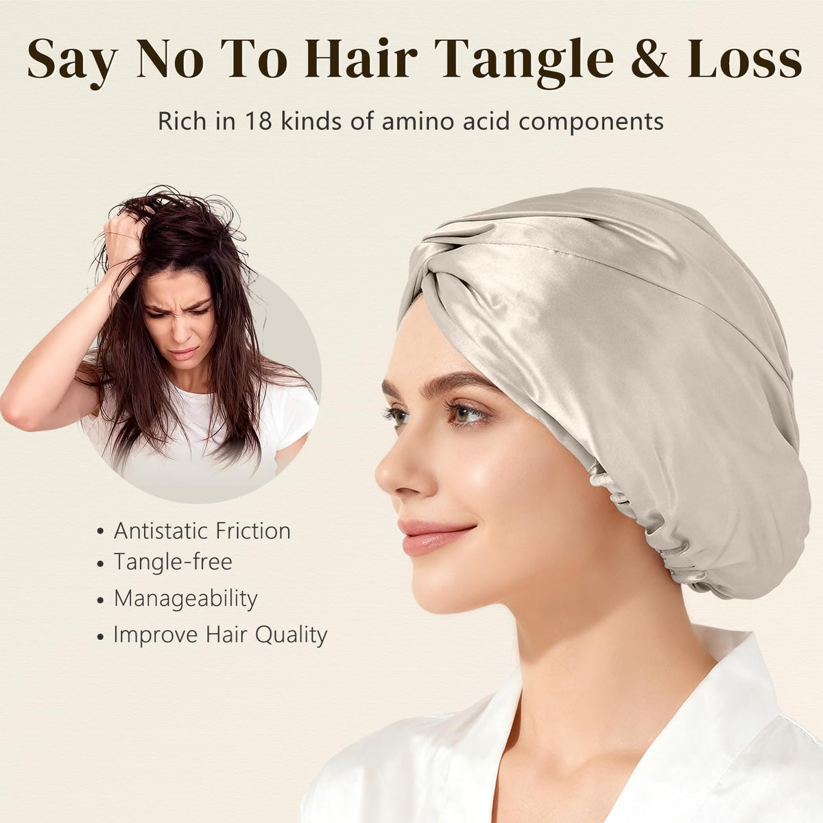 ZIMASILK bonnet worn while sleeping illustrating hair protection and comfort